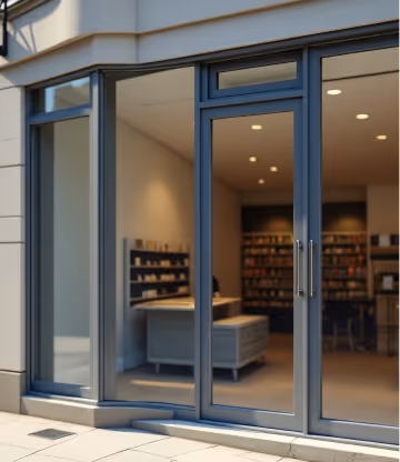 Retail space behind a glass storefront with dark-framed doors.