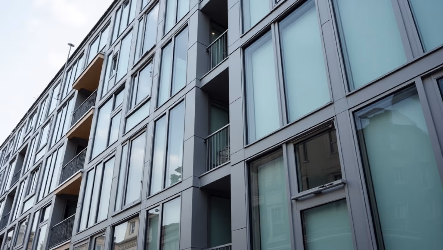 A modern city building with reinforced anti-vandal double glazing.