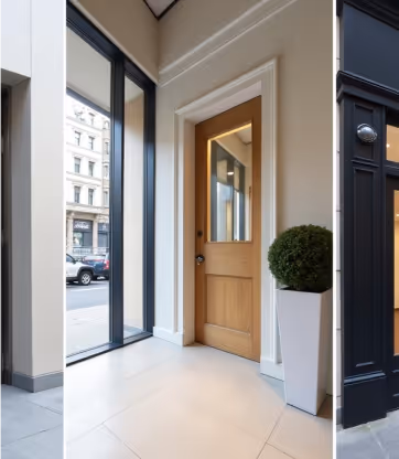Stylish residential entryway with glass panels.