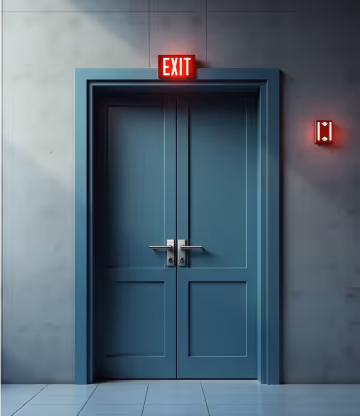 Teal double door with red EXIT sign.