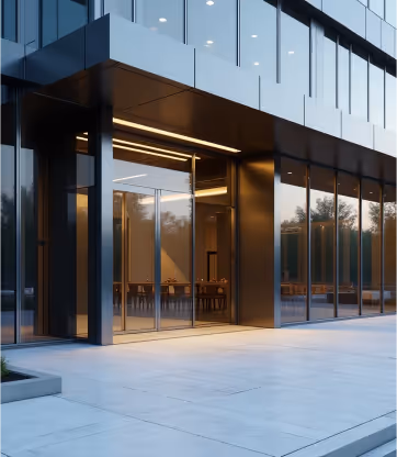 Contemporary office entrance with dark-framed glazing.