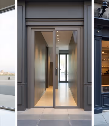Tall modern grey door with large glass panel.