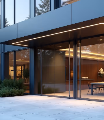 Modern building with dark facade and bright light strip.