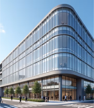 Large modern building with curved glass curtain wall.