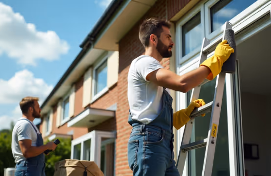 Worker cleaning a house window on a sunny day.
