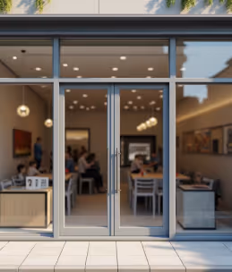 View through a modern glass storefront into a busy café.