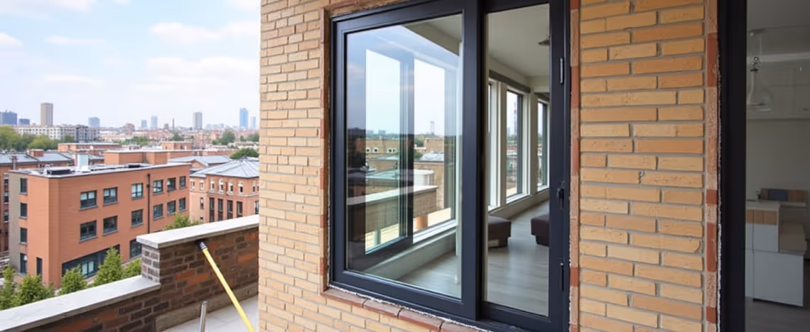 A close-up of a modern building facade with dark-framed windows and a glass sliding door.
