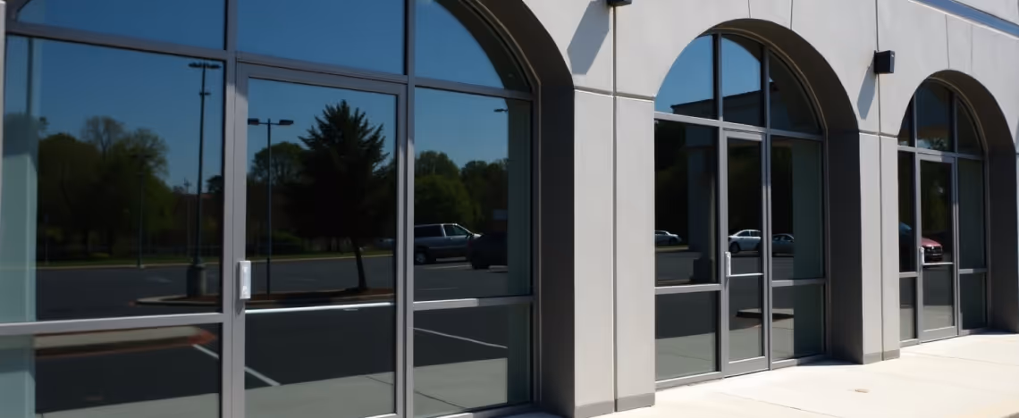 A modern building with arched glass doors and windows, reflecting trees and cars in a parking lot.