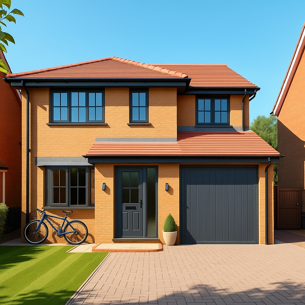 The same two-story house with grey window frames, grey garage door, and a grey front door.