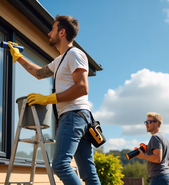 Window installer with toolbox by a black storefront.