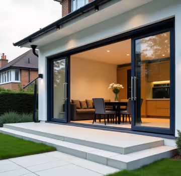 Dark-framed sliding patio doors opening to a modern commercial interior.