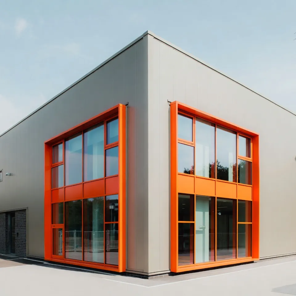 Building facade with bright orange aluminium window frames.