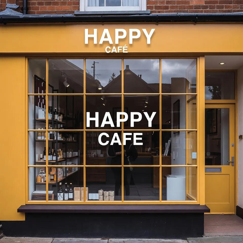 Café shopfront with mustard yellow window trim.