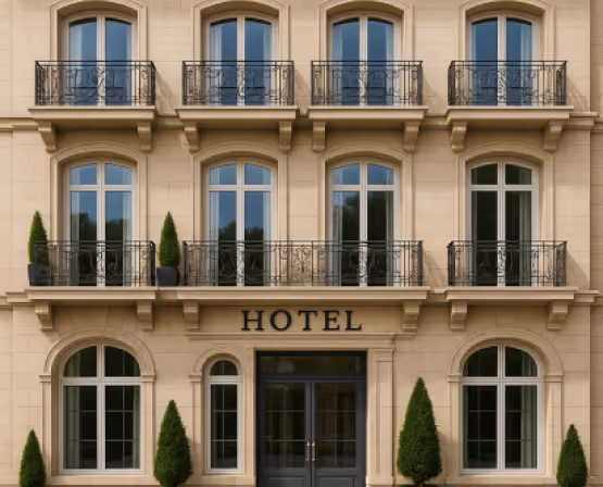 Cream hotel facade with arched windows.