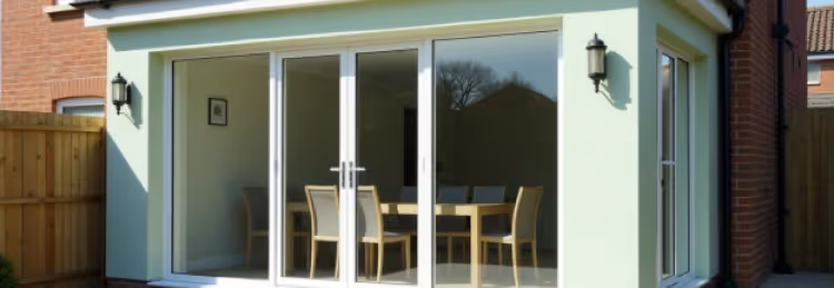 Modern glass sliding doors leading to a dining room with wooden table and chairs.