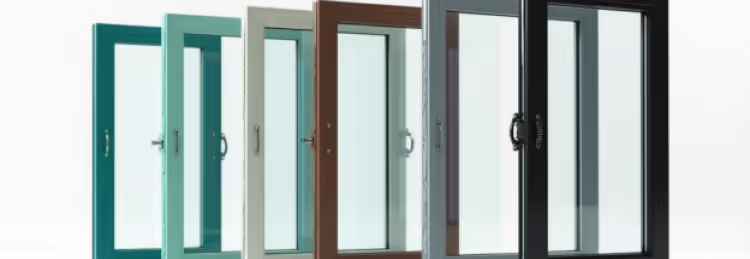 A row of sliding glass doors displayed in various frame colors.