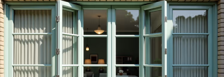 A close-up view of open light green-framed French windows.