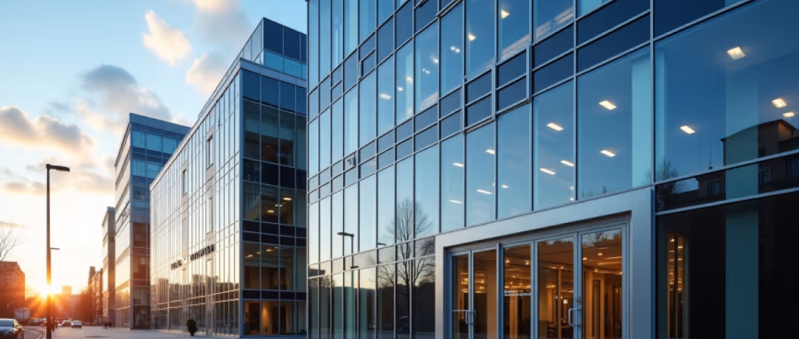 Large modern commercial building with extensive glazed windows.