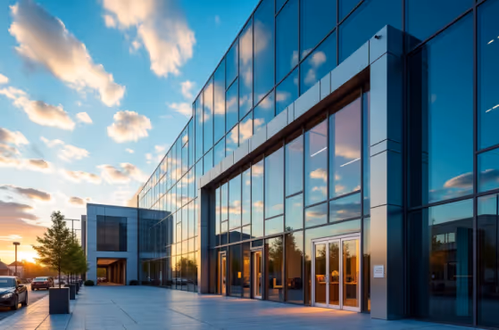 Modern commercial building with extensive glass facade.
