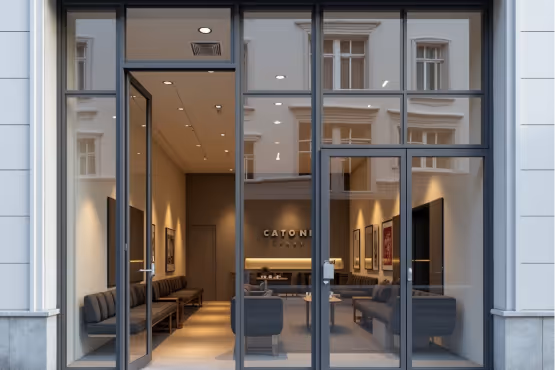 Sleek modern storefront with large glass panels.