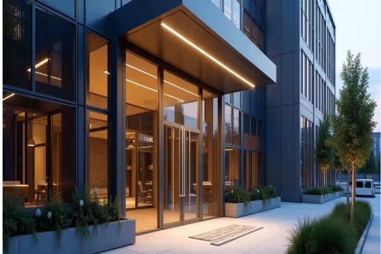 Modern building entrance with glass facade and bright overhead lighting.