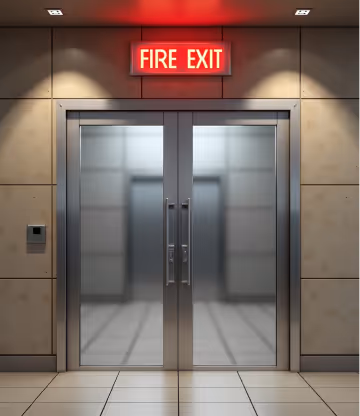 Shiny metallic double fire doors under a red FIRE EXIT sign.