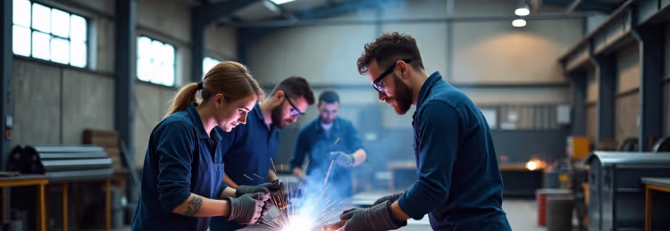 Four welders working with sparks in an industrial setting.