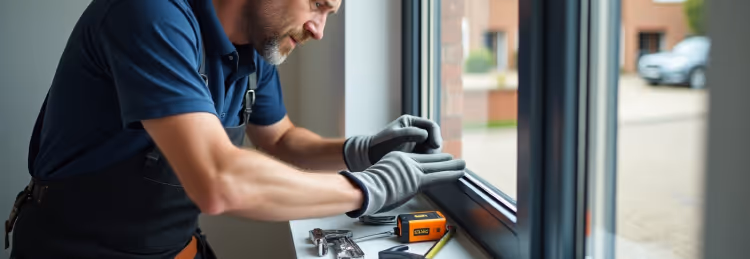 A man in work gloves repairing a window with tools laid out beside him.