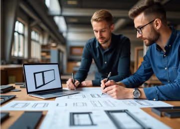 Two men working together at a desk, pointing at design blueprints and a laptop.