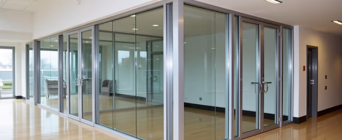 A modern office interior with glass partitions and aluminium frames.