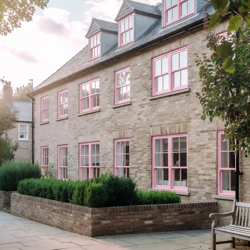 Stone house with pastel pink aluminium window frames.